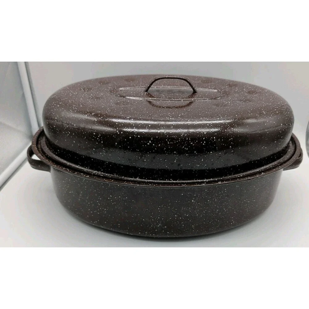 Graniteware Enamel Lrg Oval Oven VTG Brown Roast pan 16 x 12 x 4 in Lid USA